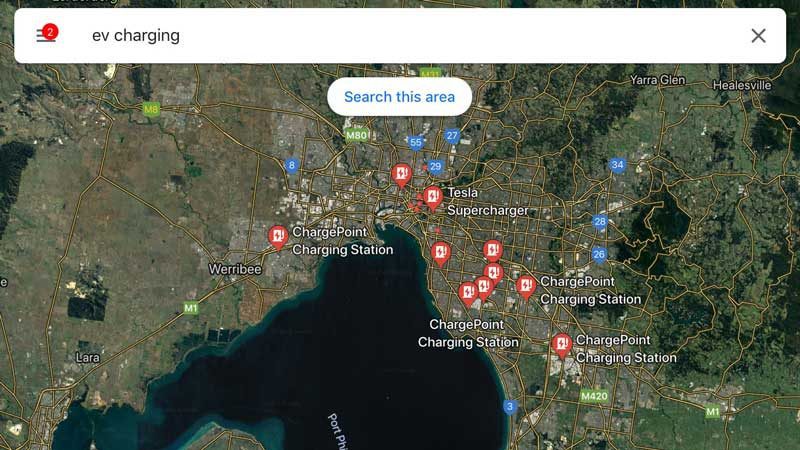 Google Maps EV chargers in Melbourne