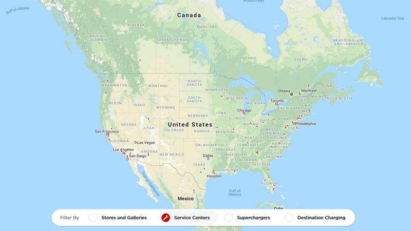 Tesla service centres USA and Canada