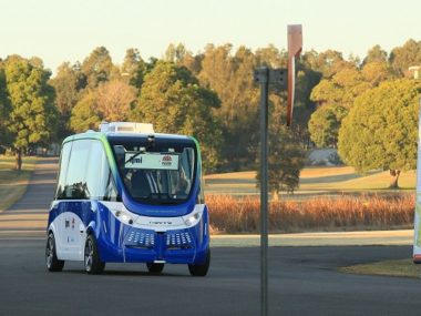 A driverless shuttle used in a Transport for NSW autonomous vehicle trial at Sydney's Olympic Park. City of Newcastle's trial will involve a similar vehicle sourced through its tender process.