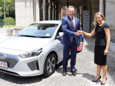 Minister de Brenni accepting keys for the new Hyundai Ioniq. Supplied.