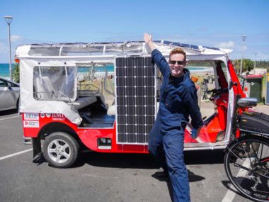 Team leader Julian O-Shea with the SolarTuk in Byron Bay. Credit: Bridie Schmidt