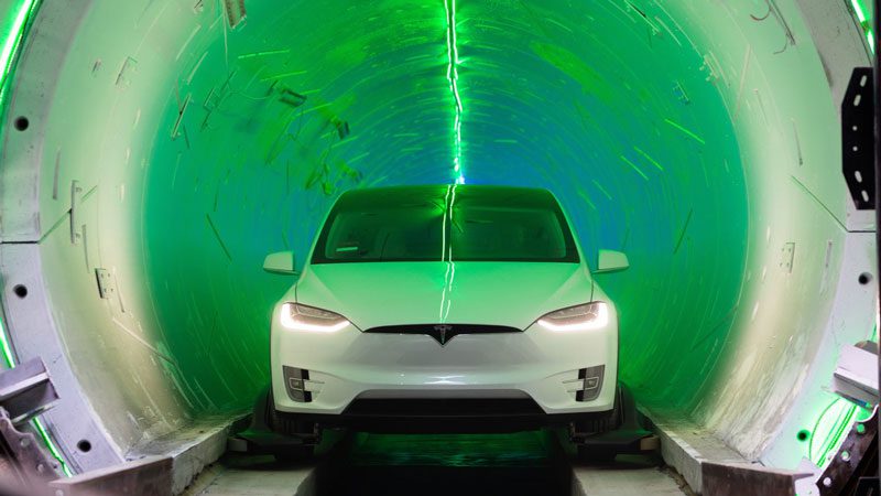 A Tesla car in a Boring tunnel