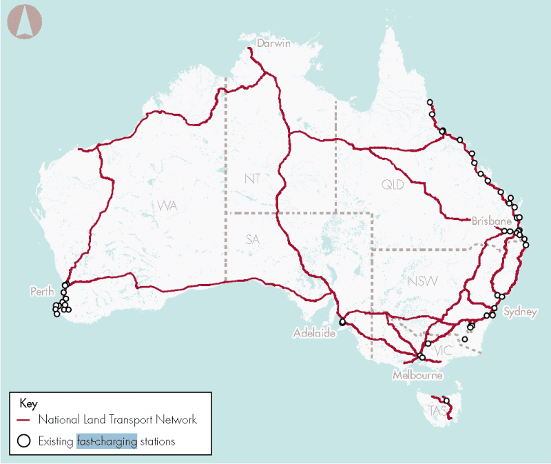 There are still huge gaps in Australia's EV charging network. Source: Infrastructure Australia.
