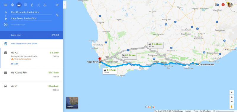 The route from Cape Town to Port Elizabeth passes stunning rugged coastlines. Source: Google Maps