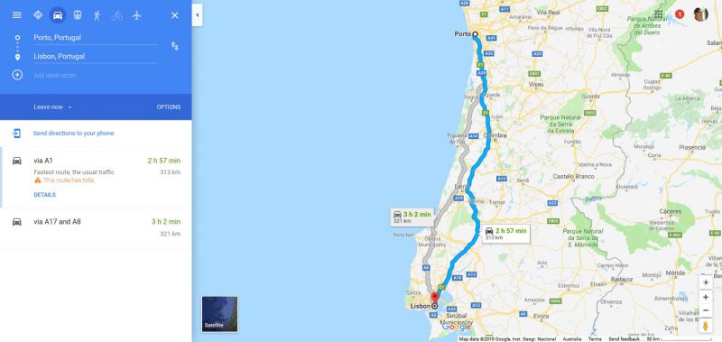 Portugal;s coastal road from Porto to Lisbon. Source: Google Maps