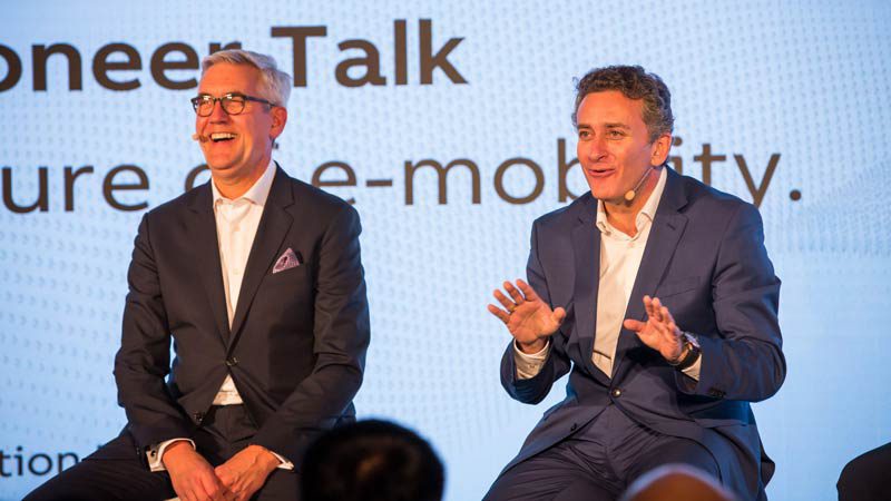 ABB chief Ulrich Spiesshofer and FIA founder and CEO Alejandro Agog speak at the Formula E Smart Cities forum. Supplied.