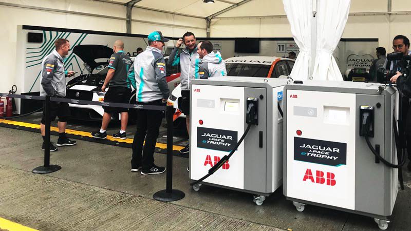 ABB created this smaller, lighter EV charger that can travel with the Jaguar i-Pace vehicles for the Formula E. Credit: Bridie Schmidt