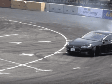 Nobuteru Taniguc drifting a Tesla Model S in Tokyo, Japan.MASUDA