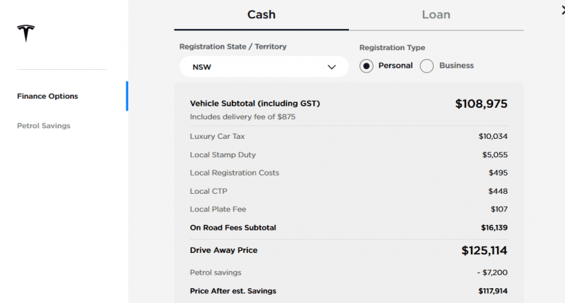 Model S Standard Range pricing as of 22/05/2019. Source: Tesla