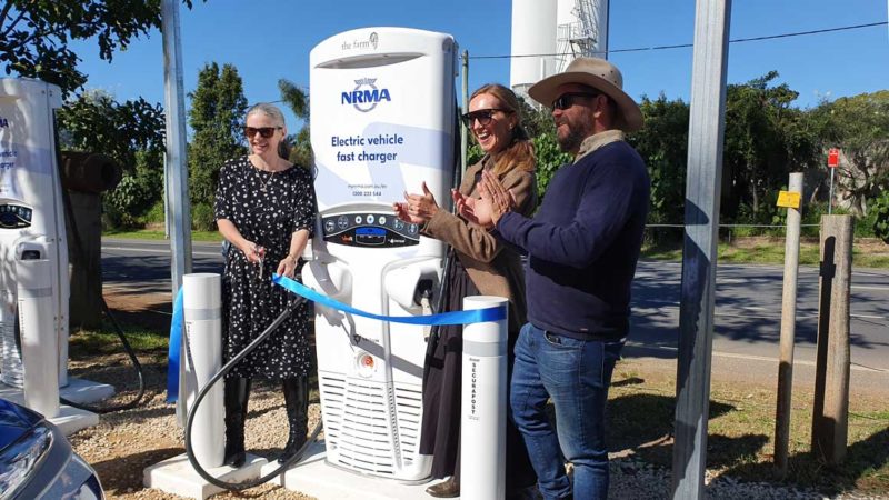 Nell Payne and Emma and Tom Lane open the 19th NRMA fast-charger at The Farm, Byron Bay. Credit: Bridie Schmidt