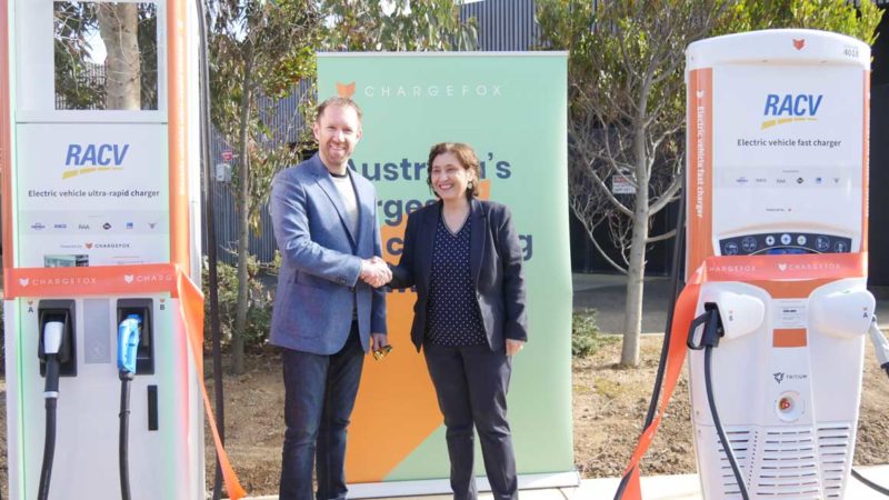 Marty Andrews, Chargefox CEO and Victoria’s minister for energy, environment and climate change Lily D'Ambrosio. Supplied
