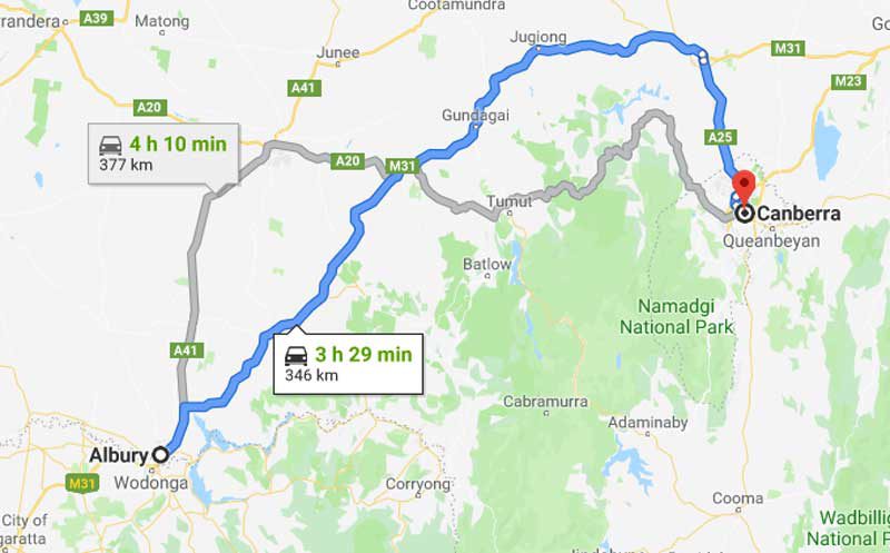 Albury to Canberra. The former ‘Great Fast-Charger Desert’. Image: Google maps