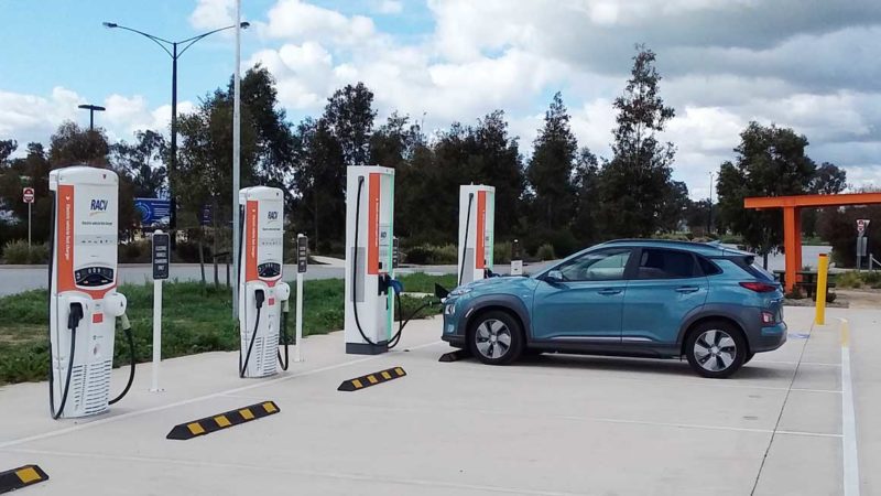 Bryce's Kona Electric charging at the Barnawartha (Victoria) fast-charger. Credit: Bryce Gaton.