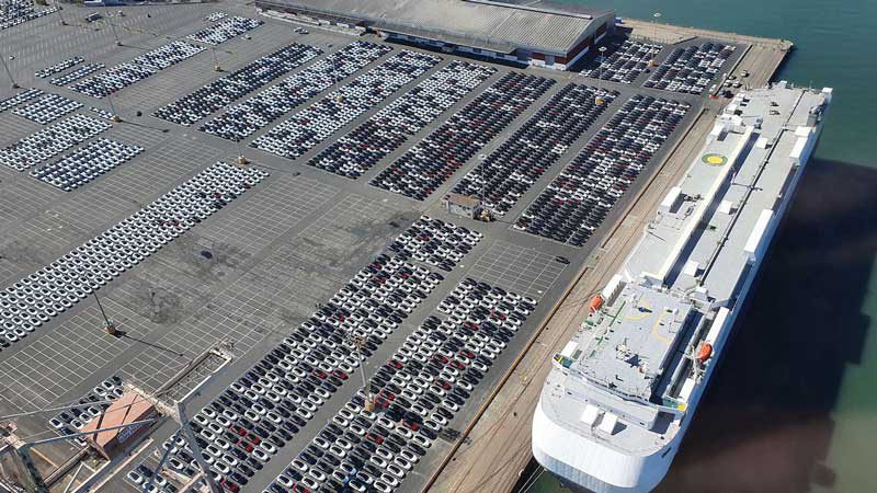 Model 3s line up for shipping from Pier 80. Source: Simon Williams/Twitter