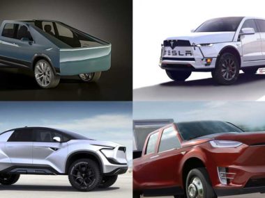 Tesla electric ute renders, L-R: Erwin Meyer, Stephen William Mason, Emre Husman, McHoffa