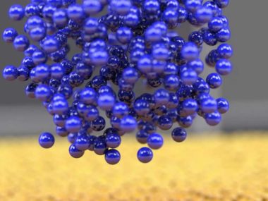 New research describes the evolution of nanostructural lithium atoms (blue) depositing onto an electrode (yellow) during the battery charging operation.