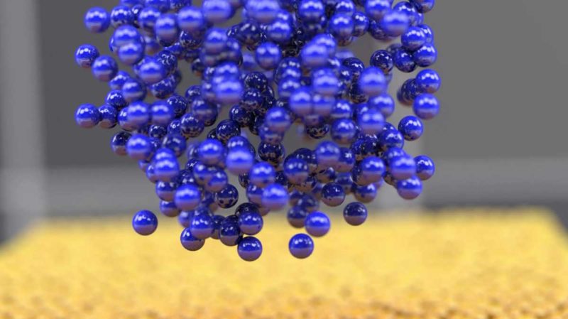 New research describes the evolution of nanostructural lithium atoms (blue) depositing onto an electrode (yellow) during the battery charging operation.