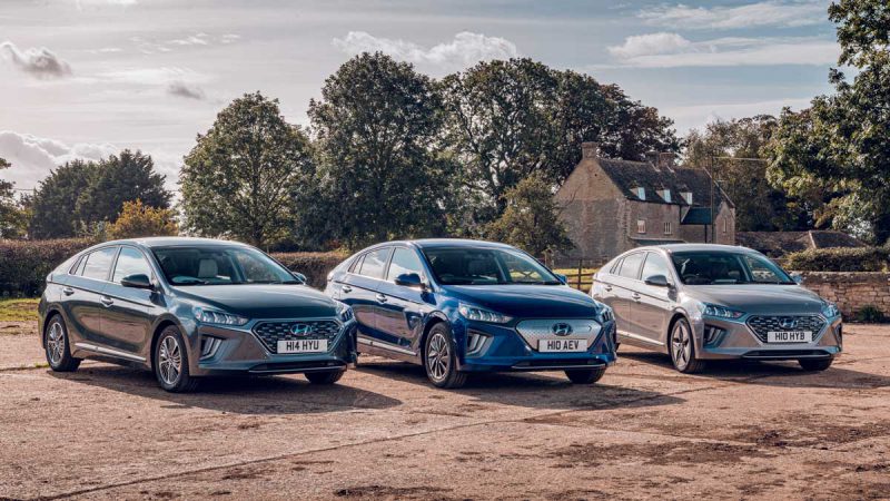 Hyundai Ioniq powertrains. L-R, plug-in hybrid, all-electric and hybrid