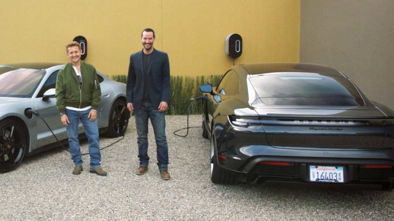 Keanu Reeves and Zlex Winter gear up for a day behind the wheel of a Taycan Turbo. Source: Porsche