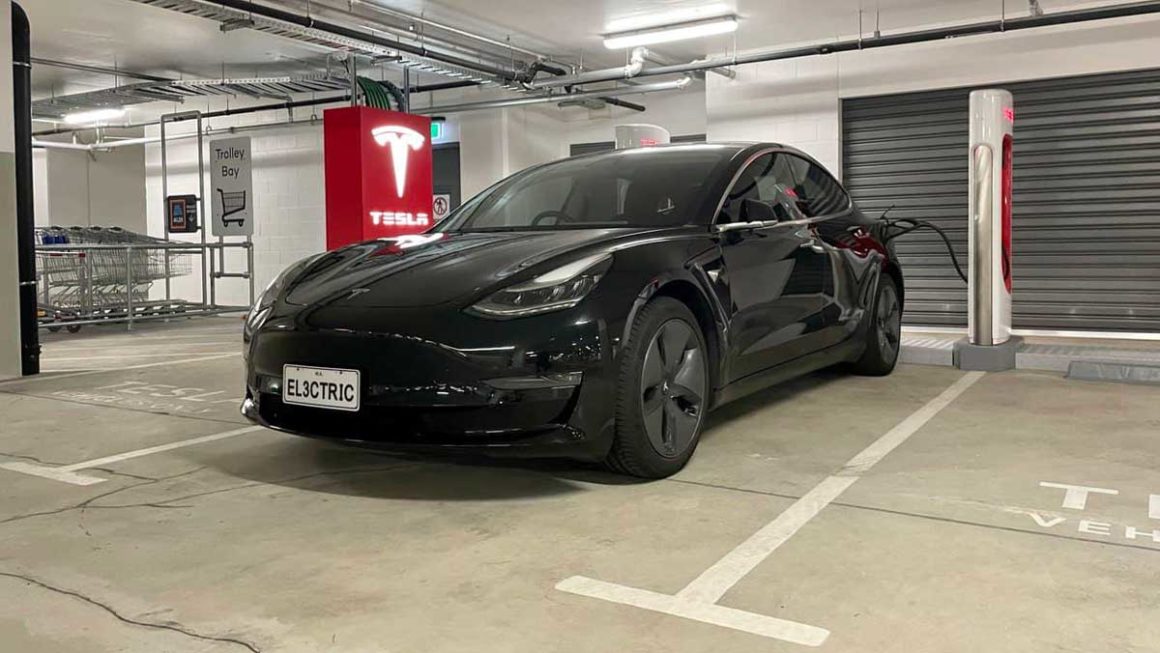 Tesla Model 3 at Karrinyup Supercharger, WA. Supplied
