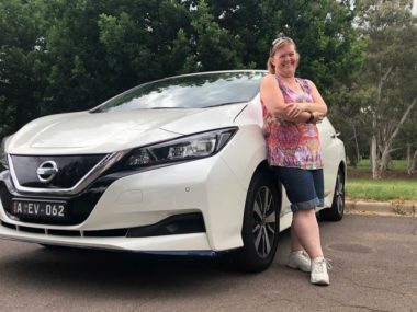 Karen Maher and Yuki the Nissan Leaf e+. Supplied