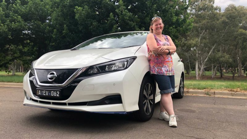 Karen Maher and Yuki the Nissan Leaf e+. Supplied