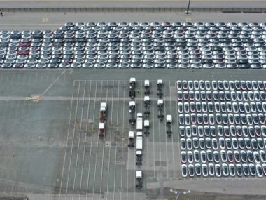 Tesla Model 3s lined up at Fremantle Port. Supplied