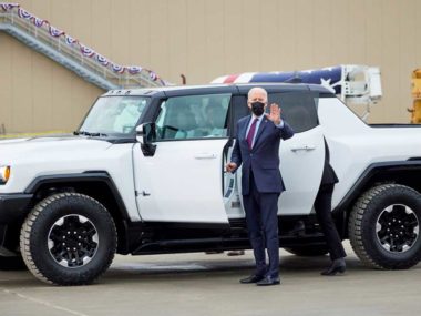 Biden gets in the Hummer EV with GM CEO Mary Barra. Source: GM