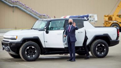 Biden gets in the Hummer EV with GM CEO Mary Barra. Source: GM