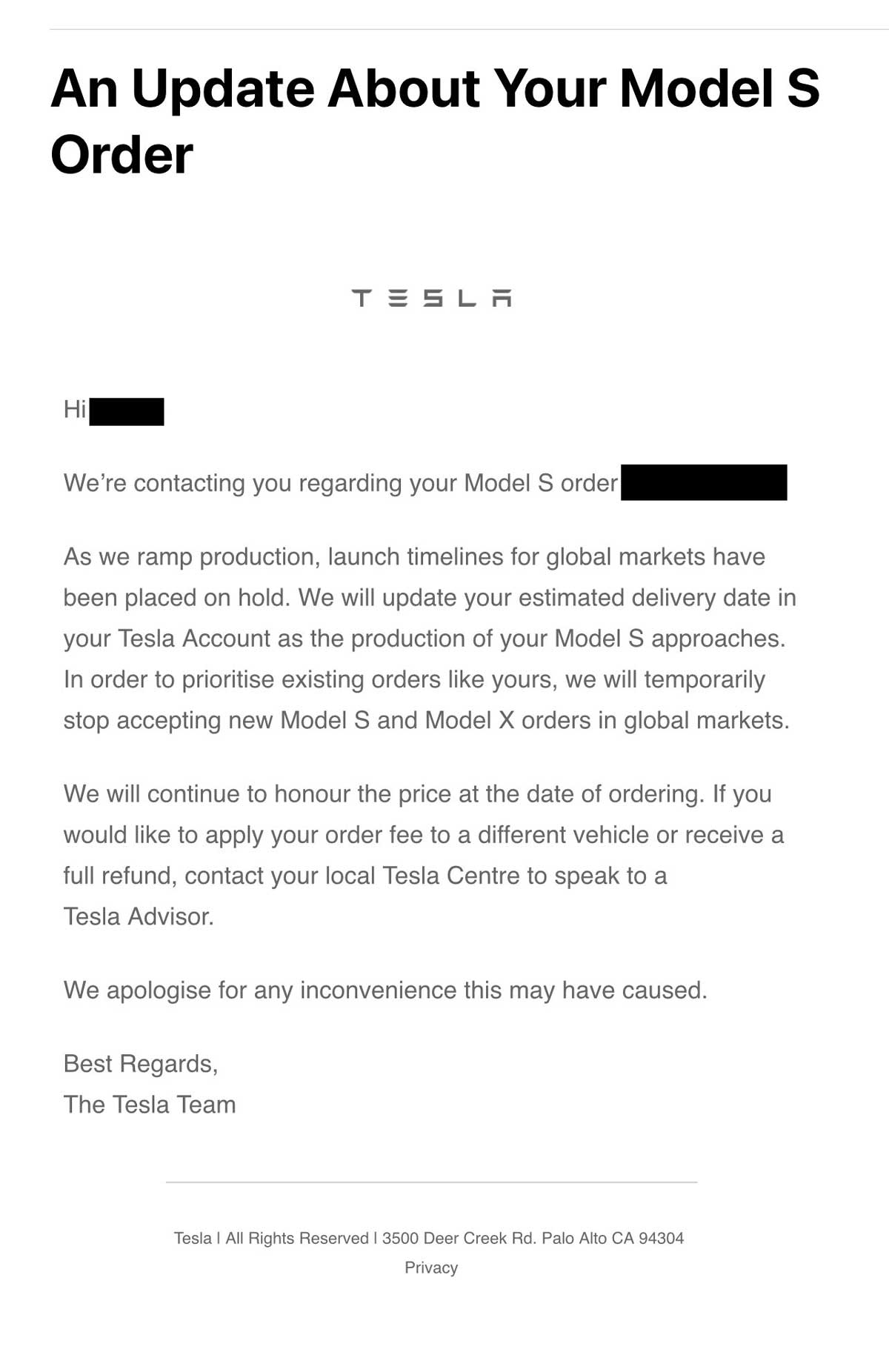 Tesla tells Model S and Model X customers global launch delayed and