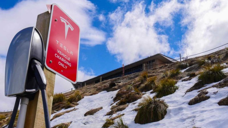 Tesla destination charger at Coronet Peak, New Zealand. Image credit: Bridie Schmidt