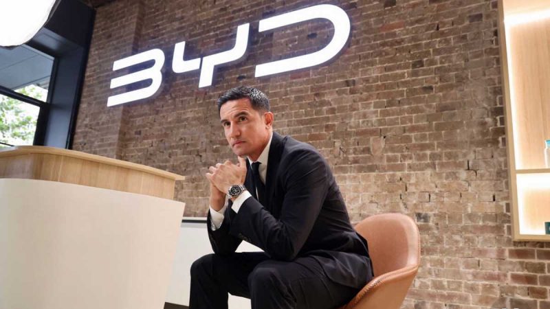 Retired Socceroo star Tom Cahill at the BYD launch on Saturday. Image courtesy Luke Todd/LinkedIn
