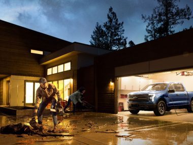 Ford F0150 Lightning powering a home during a storm. Source: Ford