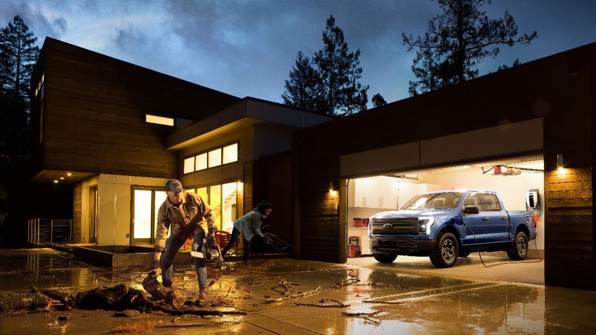 Ford F0150 Lightning powering a home during a storm. Source: Ford