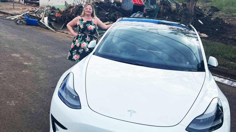 Sarah Moran bought a secondhand Model 3 amid fuel shortages during the the recent floods. Supplied