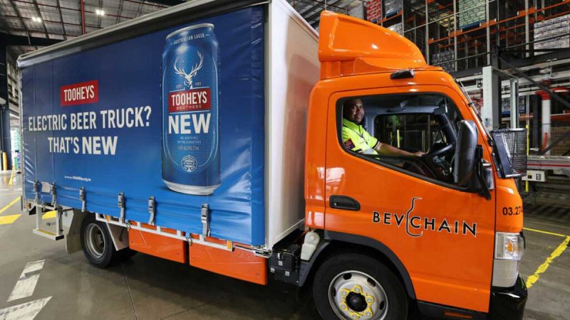 An all-electric Fuso eCanter trials delivering beer for Bevchain. Source: Linfox