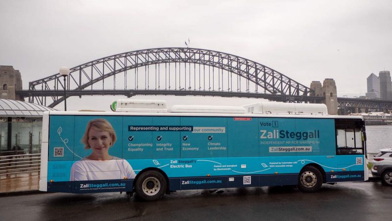 Zali Steggall's electric election campaign bus, unveiled in Sydney. Photo credit: Michael Mazengarb.