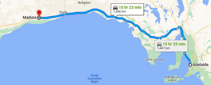 The DC charging desert - Adelaide to Madura. Image: Google maps.