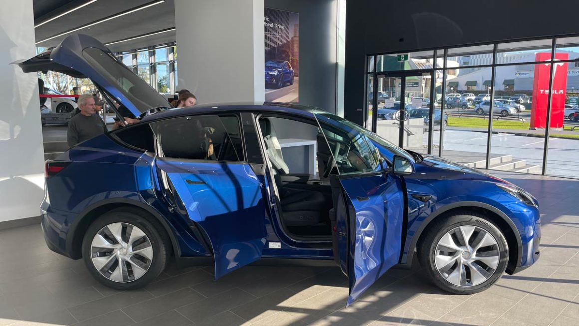 Tesla Model Y in blue. Image: Bridie Schmidt