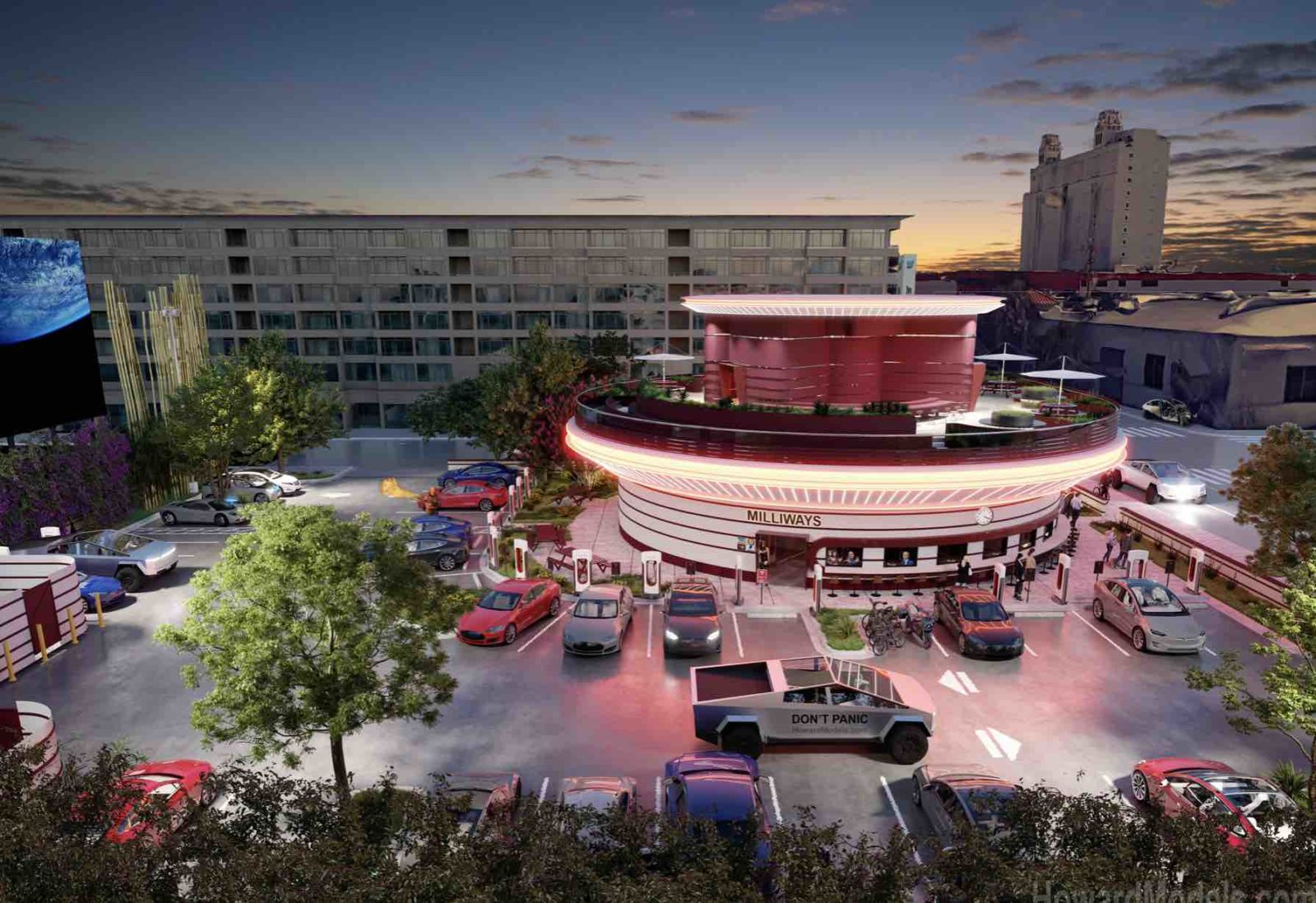 The Tesla restaurant (and chargers and drivein theatre) at the end of