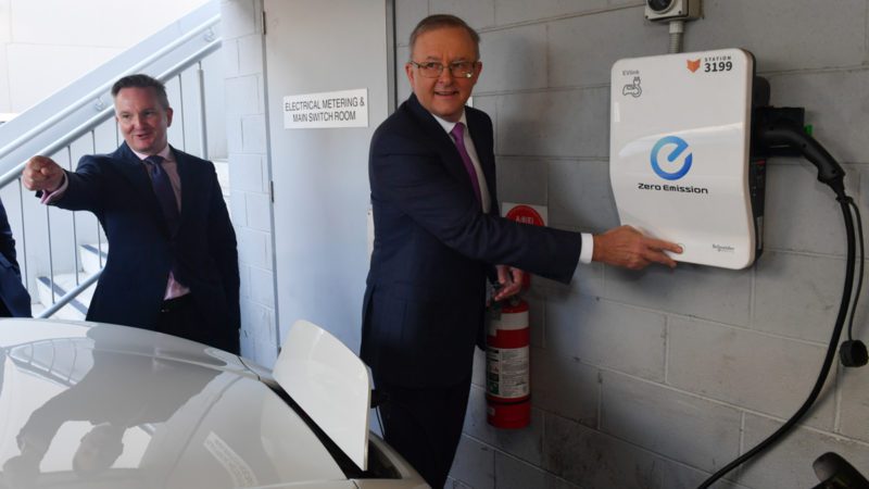 Anthony Albanese and Chris Bowen with an electric car charger