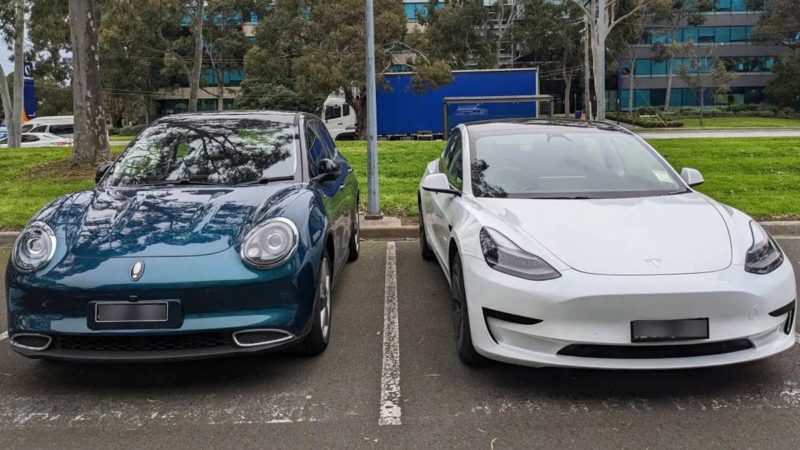 Ora Good Cat next to the Tesla Model 3. Image: Riz Akhtar