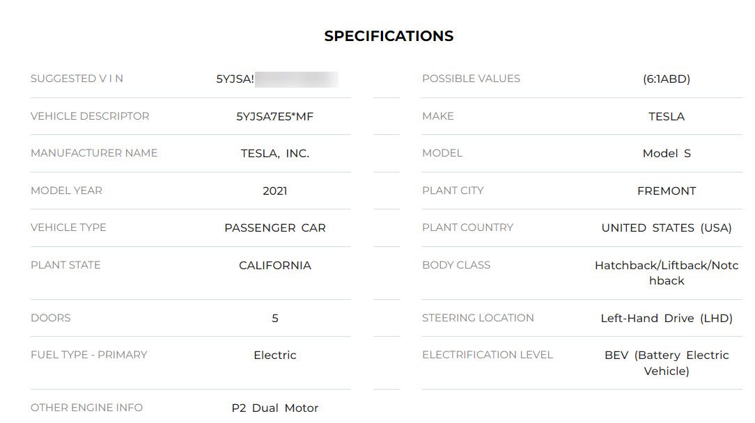 Tesla Model S VIN Decoder 2021 Refresh Model S