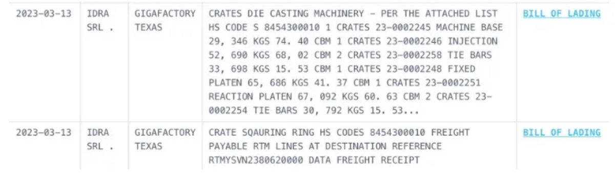 Austin giga press bill of lading