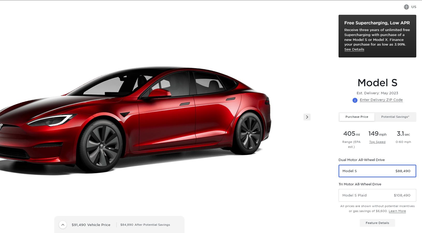 Tesla Model S US Incentives May 2023