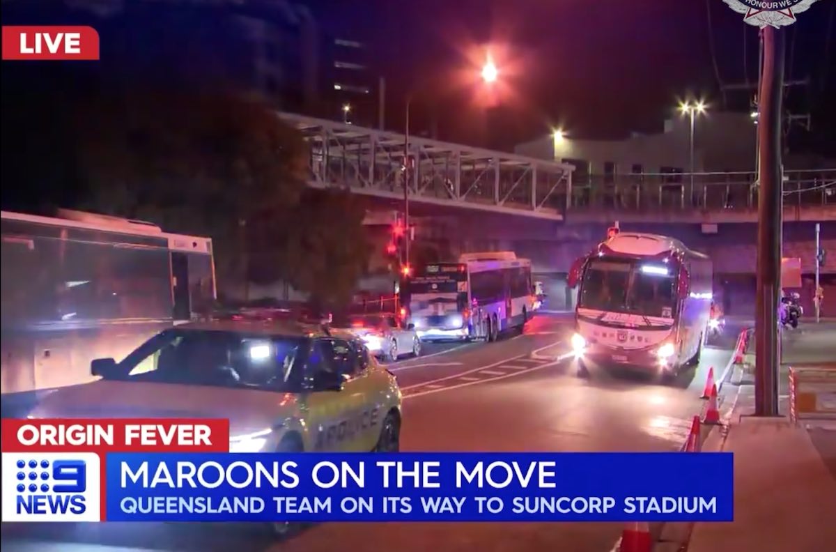 Queensland Police Force first electric highway patrol car leading QLD rugby league team