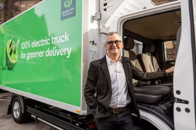 Woolworths Group CEO, Brad Banducci with electric truck