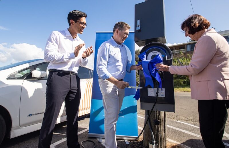 EVSE co-founder Brendan Wheeler, the Hon Pat Conroy MP and Lake Macquarie Mayor Kay Fraser unveil electric vehicle charger