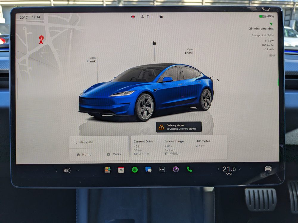 The Tesla Model 3 display shows a detailed view of the car while in park. Image: Tim Eden