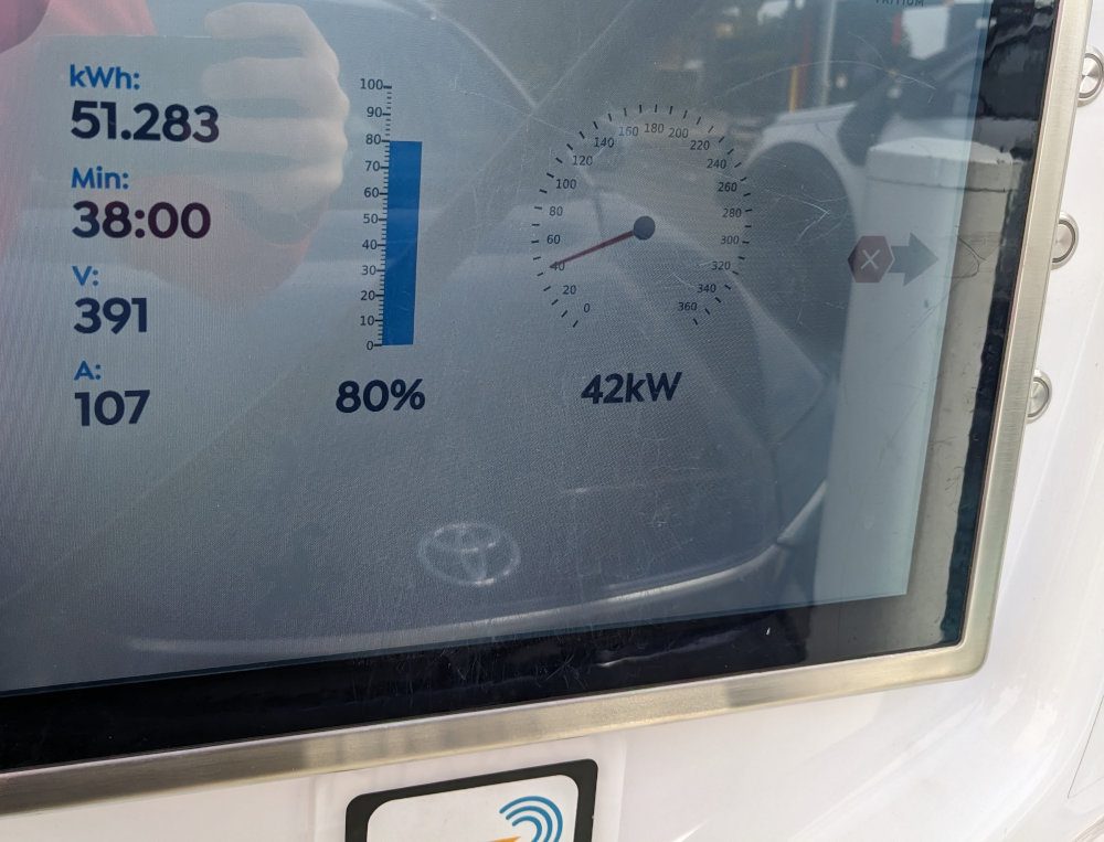 It took just 38 minutes to charge from 0 to 80 % in the Toyota bZ4X. Image: Tim Eden